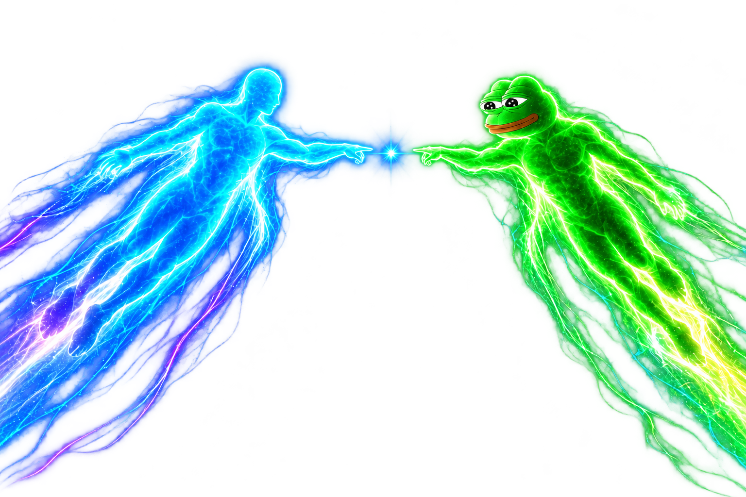 Blue energy figure and green Pepe energy figure reaching toward one another